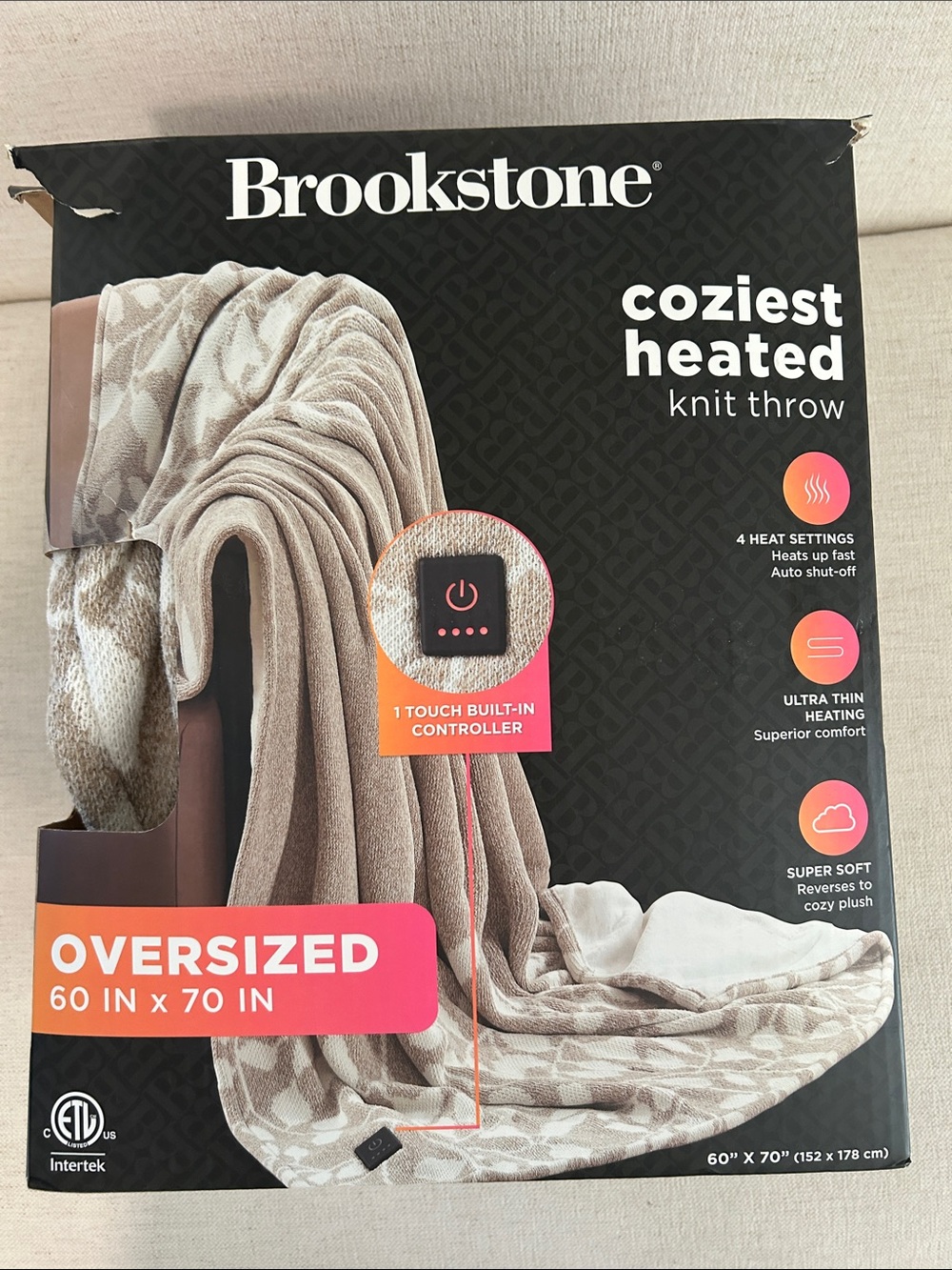 Brookstone Coziest Oversized Throw heated knit, 60x70, botanical beige, NEW NWT